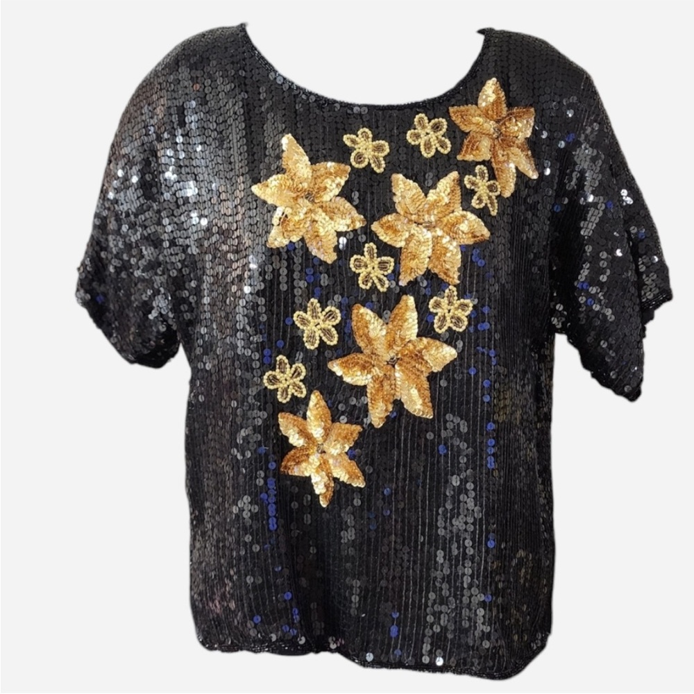 80s Vintage Black Sequin Beaded Silk Gold Floral Embellishment Blouse Top Flower